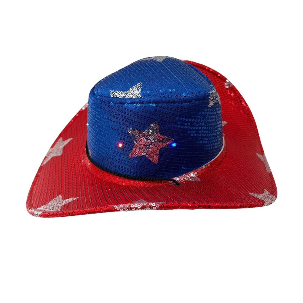 Patriotic LED Light Up Sequin Cowboy Hat Red White Blue Stars 4th of July Rodeo